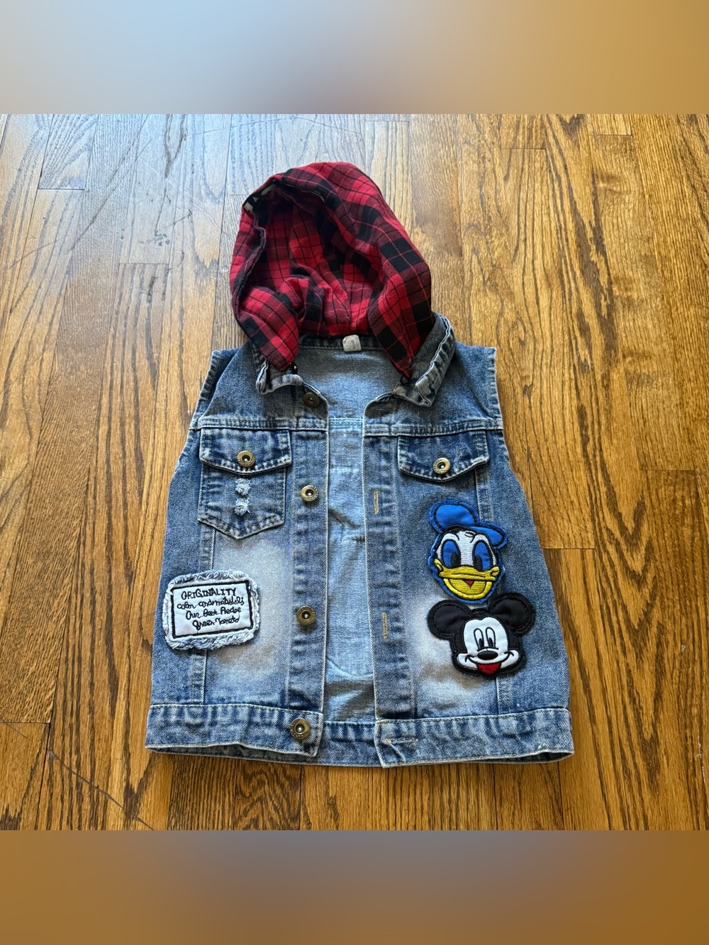 Kids Denim Vest with Red Plaid Hood and Cartoon Patches